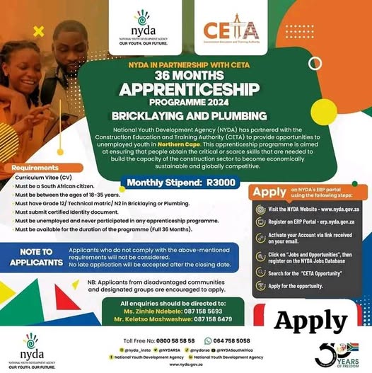 NYDA: Bricklaying and Plumbing Apprenticeship Programme 2025