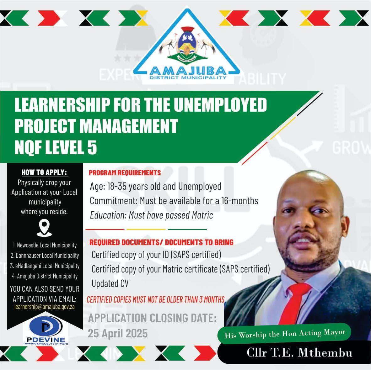 LEARNERSHIP FOR THE UNEMPLOYED PROJECT MANAGEMENT NQF LEVEL 5